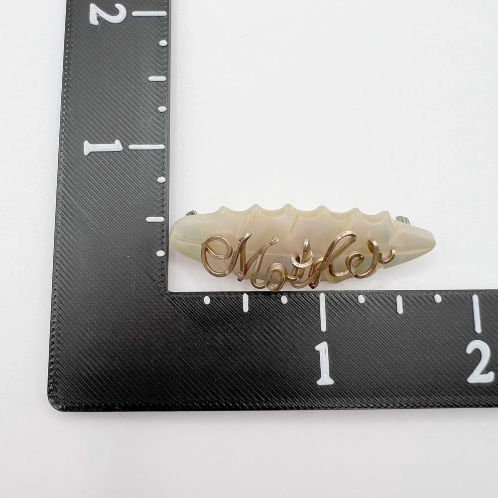 Vintage WWII Era Mother of Pearl Sweetheart Brooch Gold Tone Wire Script Mother